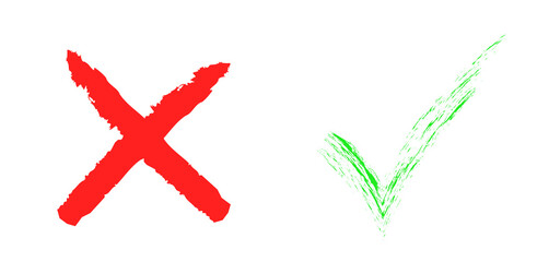 Hand drawn of Green check mark and Red cross isolated. Right and wrong icon. PNG