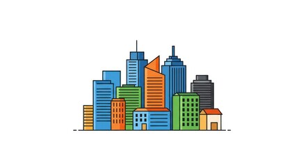 Colorful Cityscape Illustration: Modern Buildings and Houses on White Background