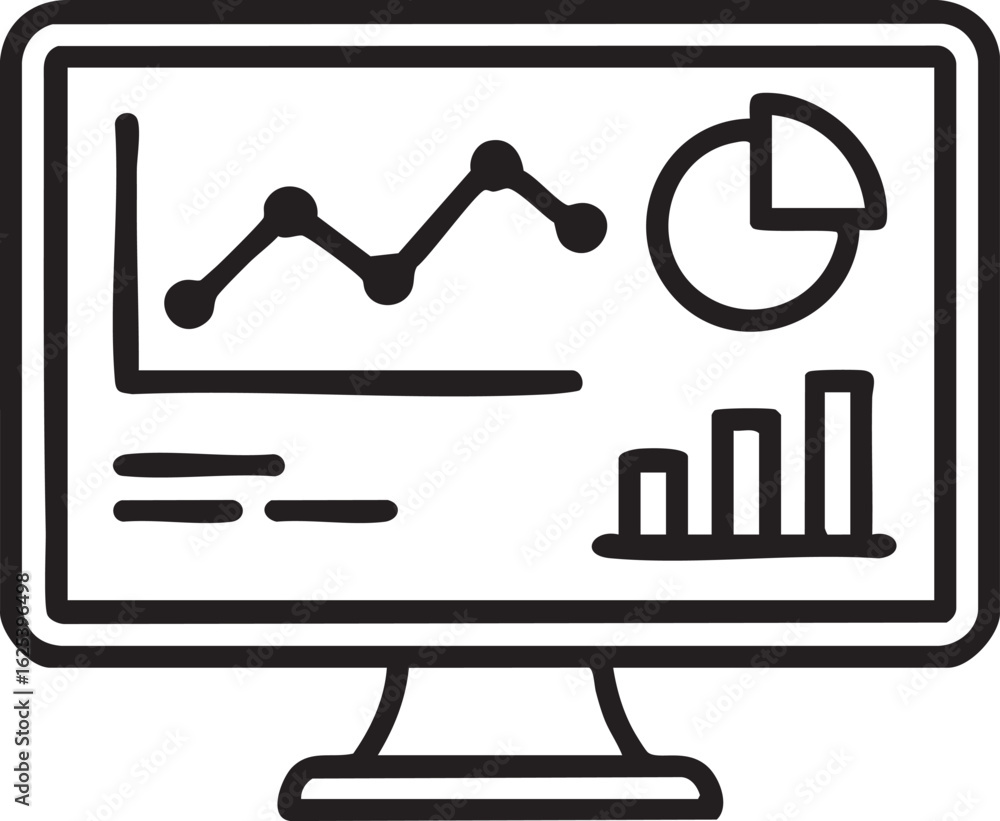 Poster computer monitor displaying analytics dashboard icon with graphs and charts representing data visual