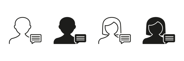 Male And Female User Chat Icon Set. Communication And Messaging Outline And Silhouette Symbol Collection. Social Interaction And Online Conversation. Isolated Vector Illustration