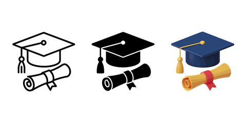 Graduation Cap and Diploma Illustrations Celebrating Academic Achievement and Educational Milestones in Black and White and Full Color