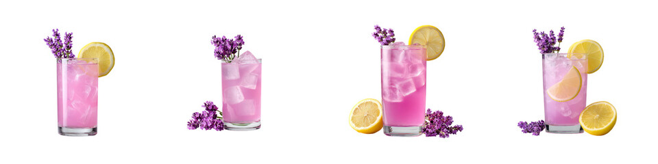 Set of Pink Lemonade with Lavender Flowers and Lemon Slices isolated on transparent background
