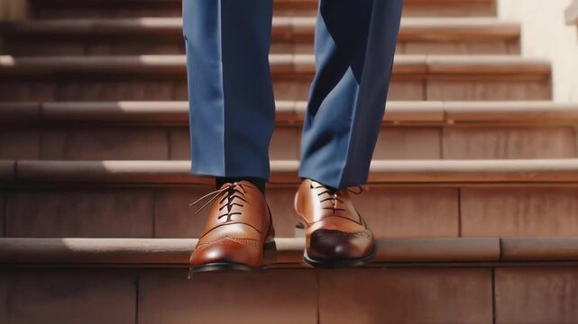 A man wearing a suit and brown shoes is walking up a set of stairs. Concept of formality and professionalism, as the man is dressed in a suit and tie