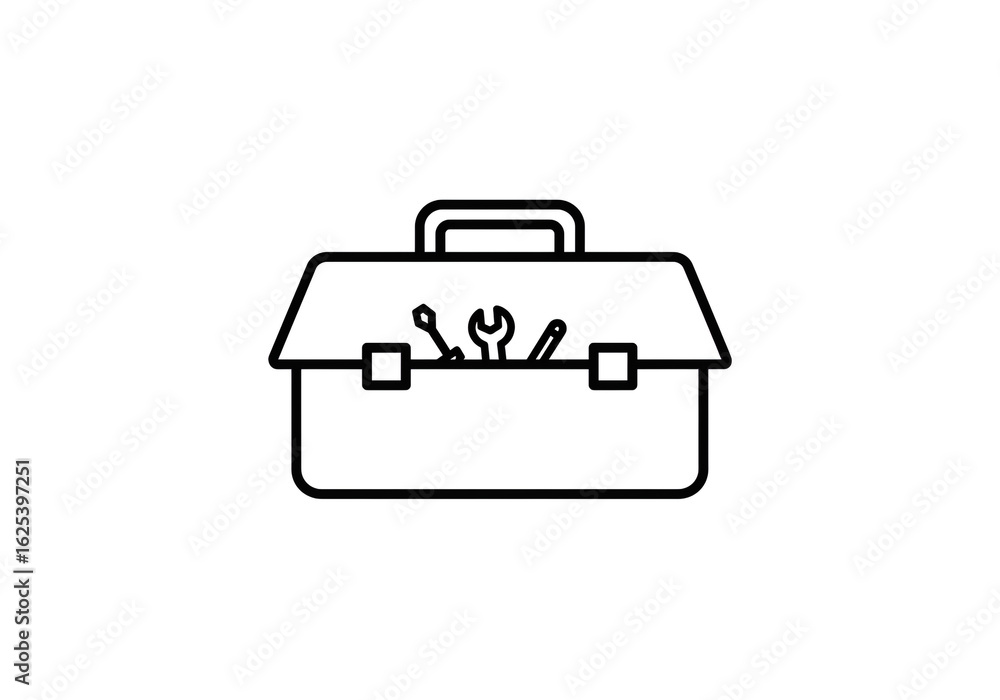 Poster a simple line drawing of a toolbox with a handle and tools inside on a white background