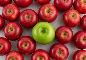 One green apple standing out among many red apples, vibrant colors, symbolizing uniqueness, individuality, and healthy choice.