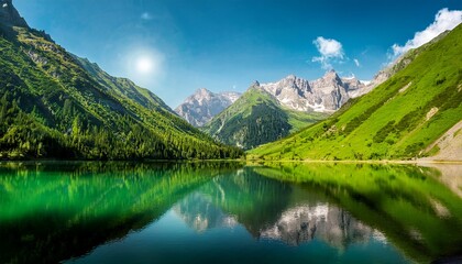 green mountains and green water reflected in the sun