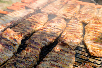 A Rack of Ribs and Hot Dogs on a Fiery Grill. Concept The classic American style BBQ.