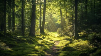 Obraz premium A serene forest pathway surrounded by lush greenery and soft sunlight filtering through the trees, creating a peaceful atmosphere ideal for nature lovers and outdoor enthusiasts.