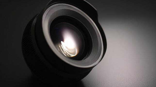 A professional photographic camera lens with an aperture ring and reflective glass is isolated on a black background