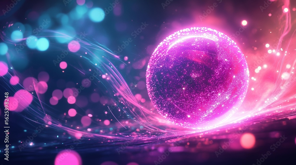 Poster a vibrant and colorful abstract composition featuring a luminous orb surrounded by swirling light tr
