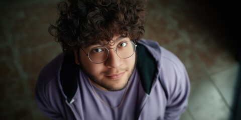 Young hispanic male with curly hair and glasses in casual lavender attire