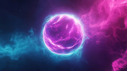 Fototapeta premium An abstract representation of energy with vibrant colors, showing a glowing sphere surrounded by swirling light and fog. Perfect for illustrating concepts of energy and technology.