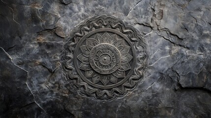 Intricate stone carving depicting an ancient symbol on a textured rock surface, showcasing artistry and history. Perfect for cultural and architectural design themes.