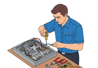 An electrician is using a screwdriver to work on an electrical panel with wires, breakers, and various tools on a table.