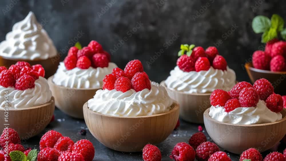 Aufkleber a group of small bowls filled with whipped cream and raspberries are arranged on a table. the raspbe