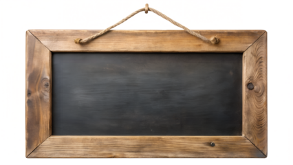 Vintage wooden chalkboard with rope hanging isolated on transparent background, ideal for menu, message, or decoration with ample copy space