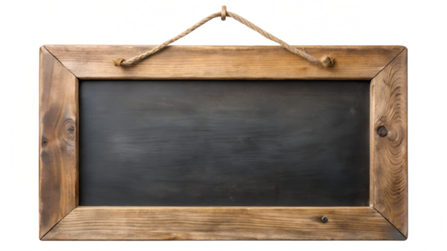 Vintage wooden chalkboard with rope hanging isolated on transparent background, ideal for menu, message, or decoration with ample copy space - Powered by Adobe