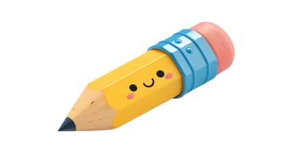 Adorable cartoon pencil with a cheerful expression isolated on transparent background, ideal for educational and creative projects