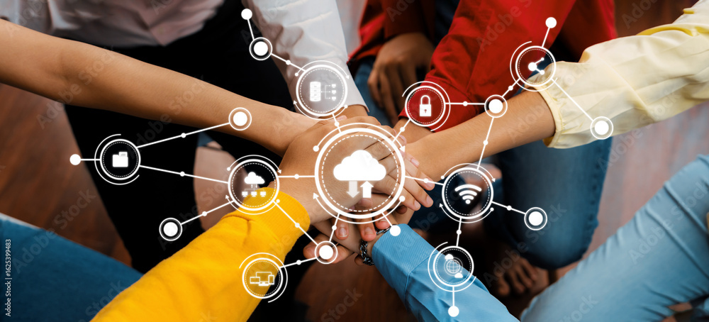 Poster a dynamic representation of teamwork in a computing context, showcasing hands together to symbolize 