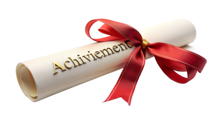 A diploma scroll tied with a red ribbon, isolated on transparent background, symbolizing graduation, achievement, and academic success