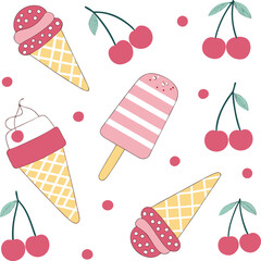 Cute ice cream cones and cherries pattern isolated on transparent background