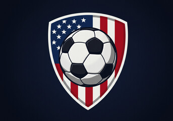 Obraz premium A soccer ball on a shield with the american flag in the background on a dark blue background