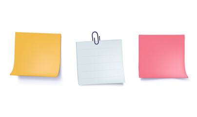 Colored stickers attached tape, 3D render vector illustration. Sticky notes with metal paper clip. Collection