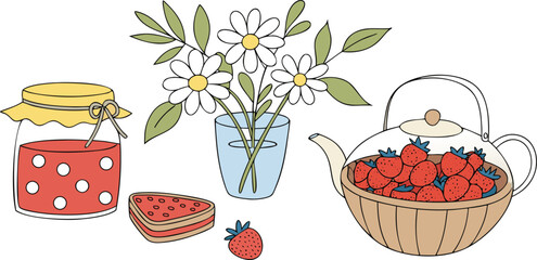 Charming picnic still life with strawberries jam and flowers isolated on transparent background