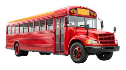 Red school bus isolated on transparent background, a symbol of education and student transportation, offering safe and reliable service for children