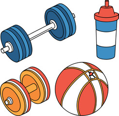 Collection of colorful fitness equipment including dumbbells a basketball and a shaker bottle isolated on transparent background