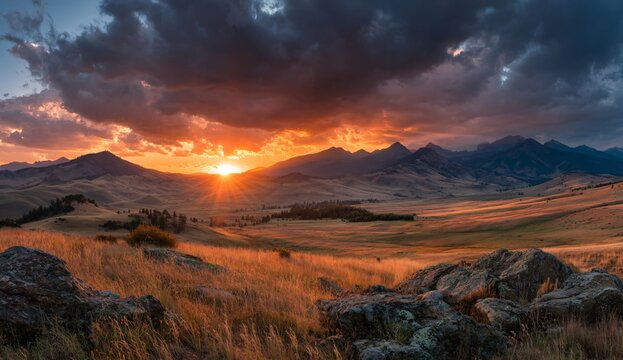 Dramatic sunset illuminates rolling hills and rugged mountains with golden light and stormy clouds - Powered by Adobe