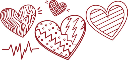 Collection of hand drawn hearts with various patterns and a heartbeat line isolated on transparent background