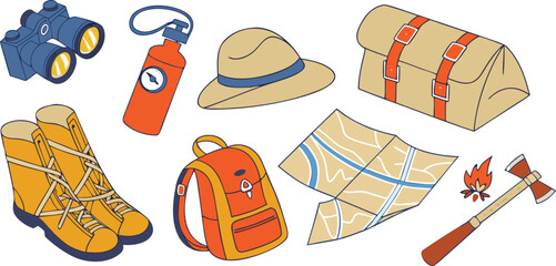 Collection of camping and hiking gear items isolated on transparent background