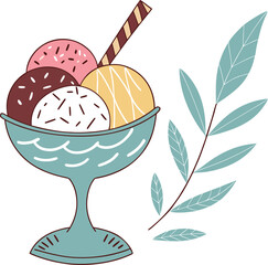 Delicious ice cream sundae with sprinkles and a wafer isolated on transparent background
