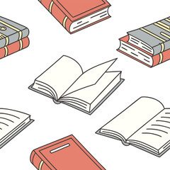 Collection of illustrated books in various open and closed states isolated on transparent background