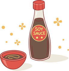 Cute cartoon soy sauce bottle and dipping bowl isolated on transparent background