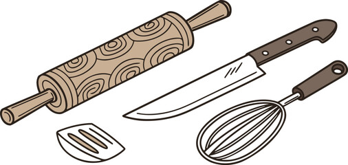 Collection of baking utensils including rolling pin knife whisk and spatula isolated on transparent background