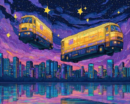 Pixelated Floating Trains Over Cityscape At Night