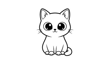 Cute Cartoon Cat with Big Eyes Line Art