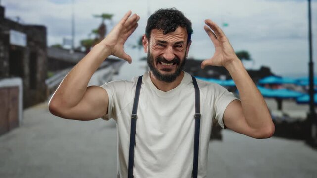 Hispanic man with a beard gesturing emotionally on a seaside promenade with a beach and sea in the background.