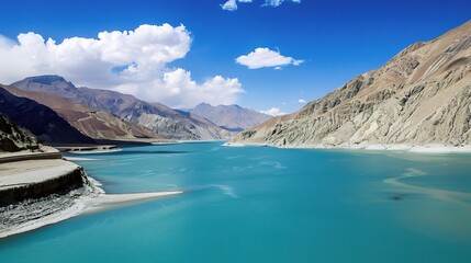Scenic view of the Indus River, a historic waterway flowing through Pakistan and India, featuring calm waters, fertile riverbanks, traditional boats, rural villages, and lush vegetation