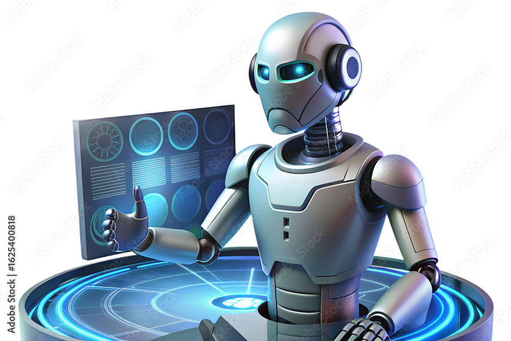 Poster futuristic robot ai assistant with thumbs up on digital interface technology concept design art on t