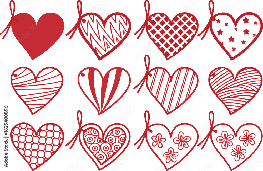 Poster collection of twelve red hearts with various decorative patterns and ribbons