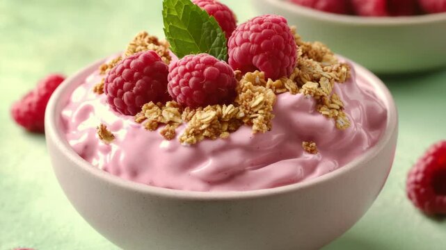 Healthy dessert in a bowl, featuring yogurt parfait with fresh raspberries and crunchy granola.