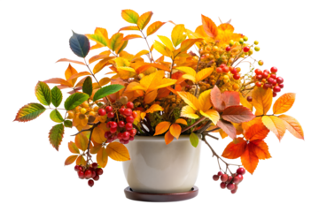 Beautiful autumn arrangement with colorful leaves and berries in a ceramic vase isolated on transparent background perfect for seasonal decoration