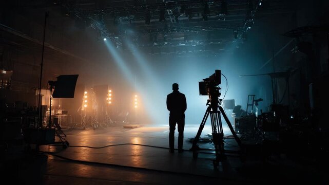 Film set filled with dramatic neon blue lighting. Professional camera, smoky shooting atmosphere. Crew members, filmmaking, art cinematography, creative movie tv production background. Record video.