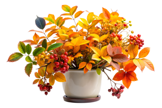 Beautiful autumn arrangement with colorful leaves and berries in a ceramic vase isolated on transparent background perfect for seasonal decoration