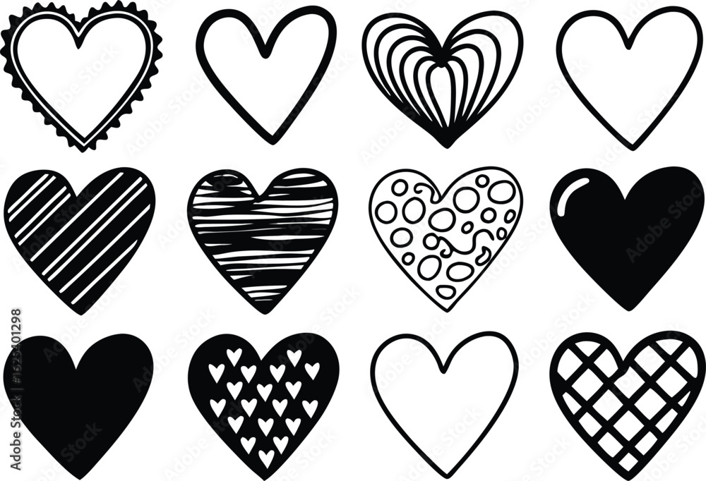 Aufkleber collection of twelve hand drawn hearts with various patterns and styles
