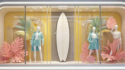 Stylish boutique window display featuring mannequins in vibrant beachwear with tropical decor