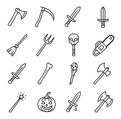 Obraz premium Halloween icons: weapons, skulls, and pumpkins on dark background